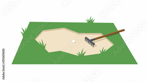 Golf ball lies in sand trap on green grassy course with rake nearby.