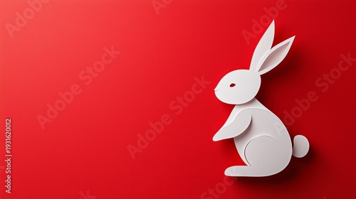 Paper Rabbit on Red Background During Spring Season for Decoration or Art Pro...