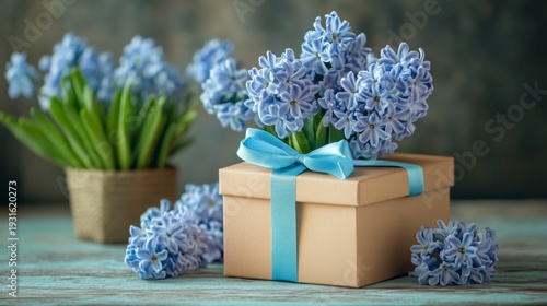 Blue Flowers in a Gift Box Next to a Small Pot of Flowers on a Wooden Table