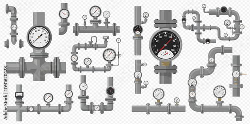 Industrial pipeline system with pressure gauges and valves, isolated on a transparent background, for gas, water, or oil transportation.