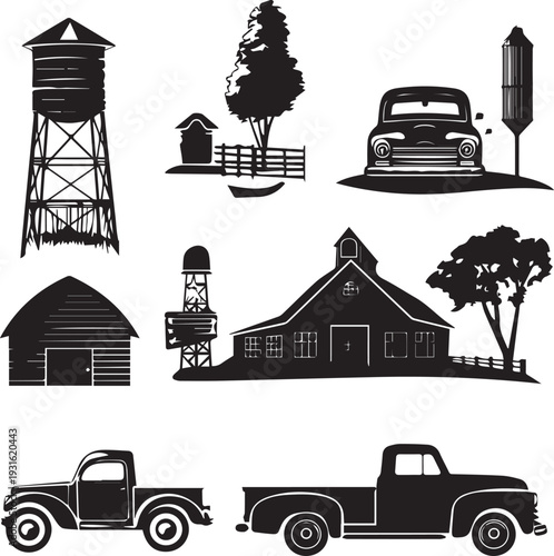A collection of vintage farm equipment and buildings in a rural setting Vector