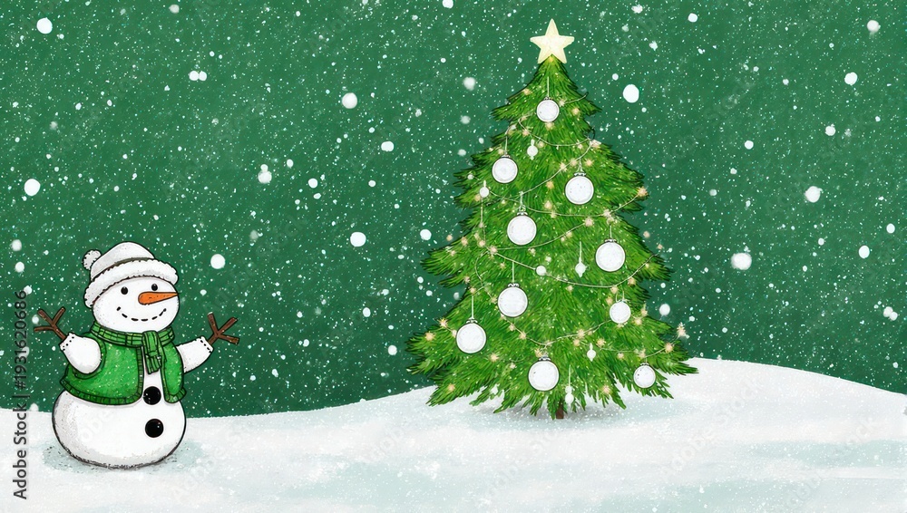 Fototapeta premium Festive Christmas Scene with Snowman and Decorated Tree.