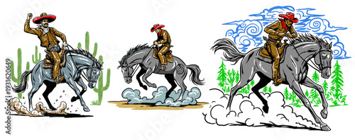 Wild West cowboy illustration. Horse riding adventure artwork. Rodeo action graphic print. Western themed design for apparel. Cowboy riding horse vect