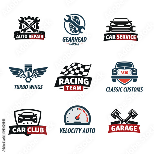 Set of automotive and car service logos. Vector icons for auto repair, garage, racing team, and car club. Vintage and modern emblems for mechanic workshops and transportation business branding
