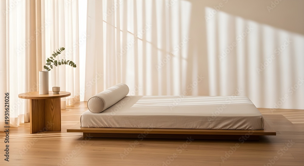 Fototapeta premium Serene Minimalist Bedroom Space Bathed in Gentle Morning Light, Promoting Calm Relaxation