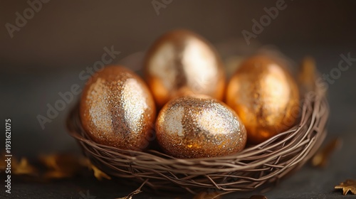 Golden Eggs in a Nest Surrounded by Autumn Leaves for a Festive Decoration