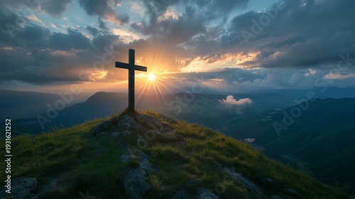 Sunset View With a Cross on a Hill in a Mountainous Landscape