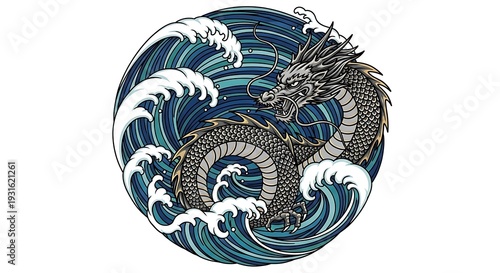 Mythical serpentine creature coils within powerful ocean waves rendered in a traditional style