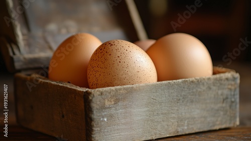 Fresh Eggs Resting in a Wooden Box on a Table in a Kitchen Setting During Day...