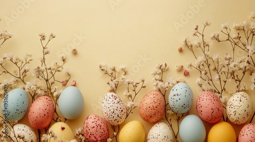 Colorful Eggs and Flowers Arranged on a Light Yellow Background for Spring Ce...