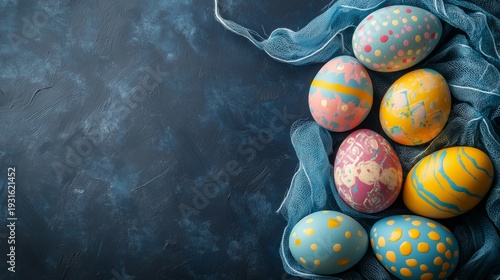 Brightly Colored Easter Eggs on a Dark Background With Blue Fabric Around Them