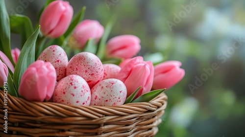 Colorful Eggs and Pink Tulips in a Woven Basket During Spring Celebrations