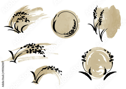 稲の和風お米ロゴマークイラストセット