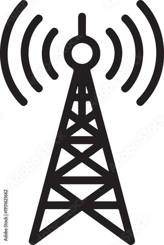Simple illustration of a cell tower emitting signal waves in black on white background