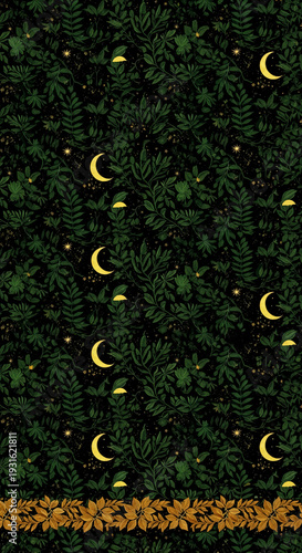 Detailed pattern with green leaves, crescent moons, and star. It evokes a night garden atmosphere, representing peace and nature's nighttime beauty