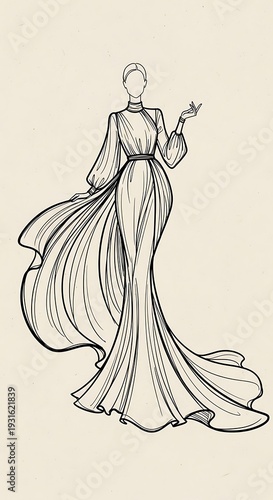 Elegant female figure illustrated in a flowing, high-necked gown with voluminous sleeves