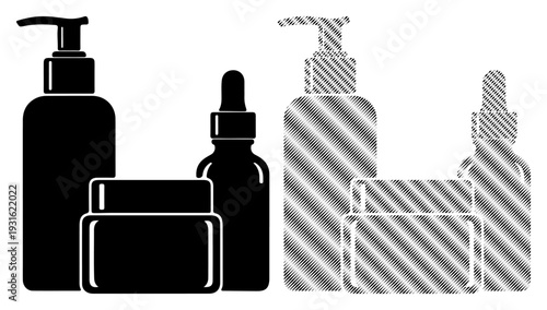 Set of skincare product bottles and jars, presented in solid black and striped grey outlines.