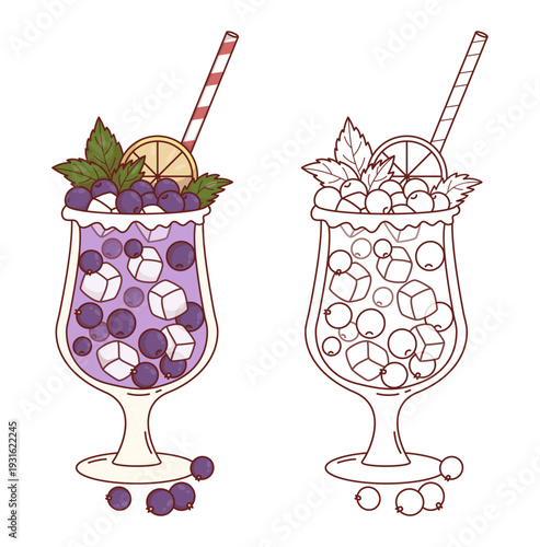 Blackcurrant Purple Drink with Ice, Berries, Lemon and Mint. Coloring page. Color and Outline Summer Refreshing beverage drawing. Isolated Healthy Cocktail in glass and straw. Vector Illustration