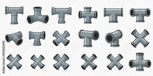 Set of grey pipe fittings for plumbing and industrial systems.