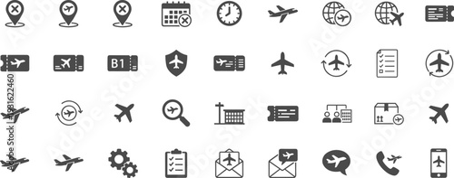 Air travel and airport service icon collection in black and white silhouette style, airplane, ticket and navigation symbols isolated vector set