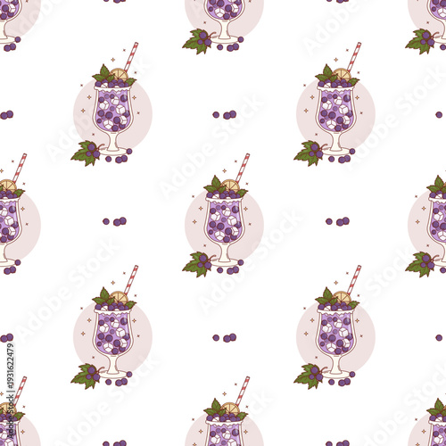 Drink Blackcurrant Seamless Pattern. Seasonal Berries Cocktails, Mint, Lemon and Ice Cubes in glass with straw on White Background. Blackberry template. Vector Illustration