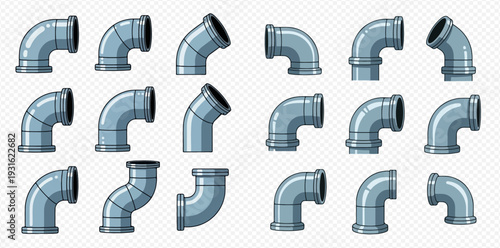 Set of cartoon metal pipe elbows for plumbing and industrial systems.