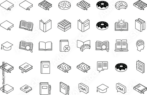 Education and bakery icon collection in black and white line style, books, donuts and learning symbols isolated vector set for academic design