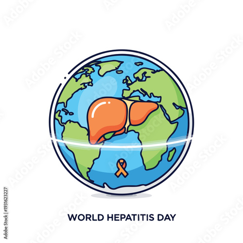 Illustration of the Earth with liver organs and a hepatitis awareness ribbon on World Hepatitis Day.