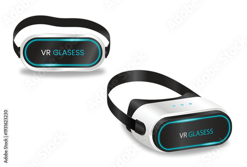 Pair of modern white and black virtual reality headsets featuring glowing blue accents and "VR GLASSES" text on the front visor.