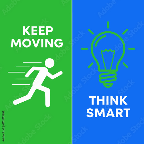 Motivational poster with running figure and lightbulb icon.