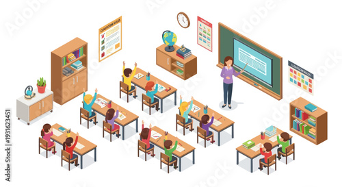 Isometric classroom with students and teacher