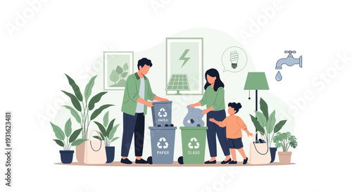 family recycling together at home with plants