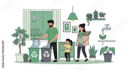 family recycling together at home