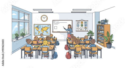elementary school classroom with teacher and students