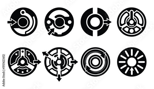 Abstract circular graphic elements with arrows and geometric shapes