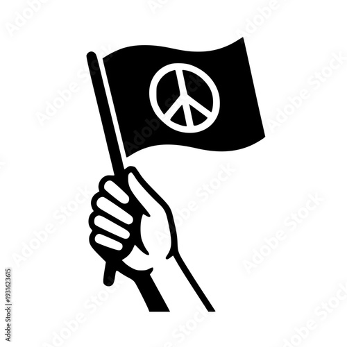 Hand holding peace flag with white peace sign symbol