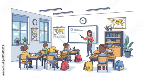 elementary school classroom with teacher and students
