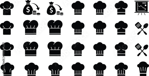 Chef hat icon collection with cooking and restaurant symbols in black silhouette style, isolated vector set for culinary business, menu design and branding use