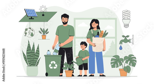 eco friendly family with recycling and plants