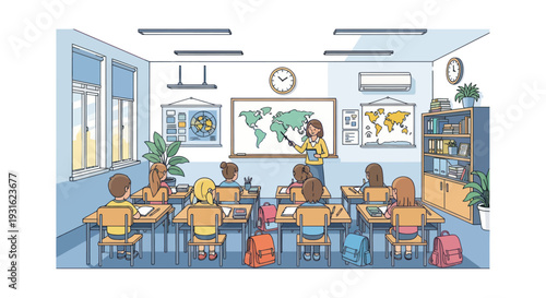 cartoon classroom with students and teacher