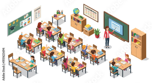 Classroom with students and teacher, school education concept