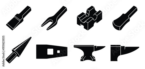 Blacksmith tools and anvil shapes for metalworking illustration