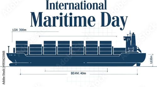 International Maritime Day Container Ship Illustration with Dimensions and Typography