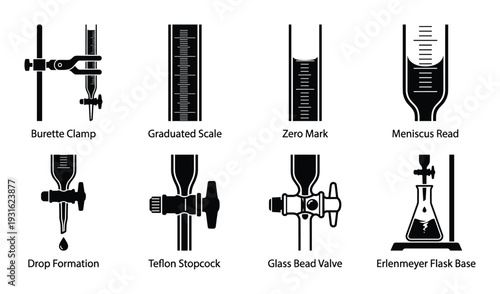 Burette clamp and other titration apparatus parts for chemistry laboratory