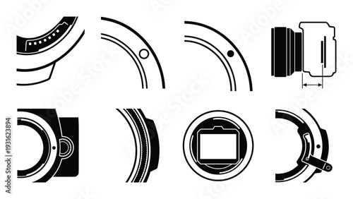 Camera accessories icon set, detailed silhouette of various photographic equipment parts and mounts