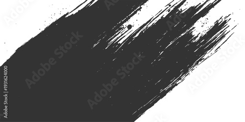 Black and white paint splashes and brush strokes create a grungy ink texture with splatter stains on a vintage damaged paper border for a rough vector illustration design element