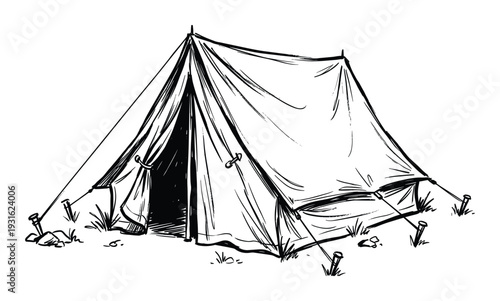 Camping tent hand-drawn sketch illustration, outdoor adventure and travel equipment vector art