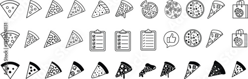 Pizza slice icon set in line and solid style, vector illustration collection of Italian food symbols isolated on white background for menu design