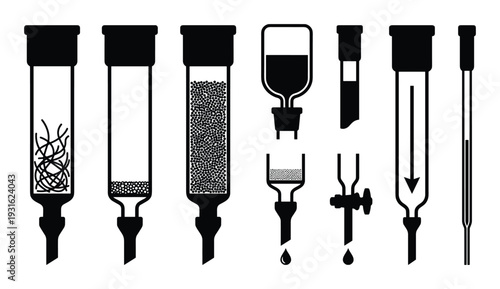 Chromatography columns vector set, laboratory equipment for chemical analysis