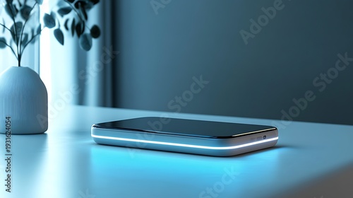 A smartphone with glowing blue light sits on a white table next to a small white vase with a plant in a modern room.